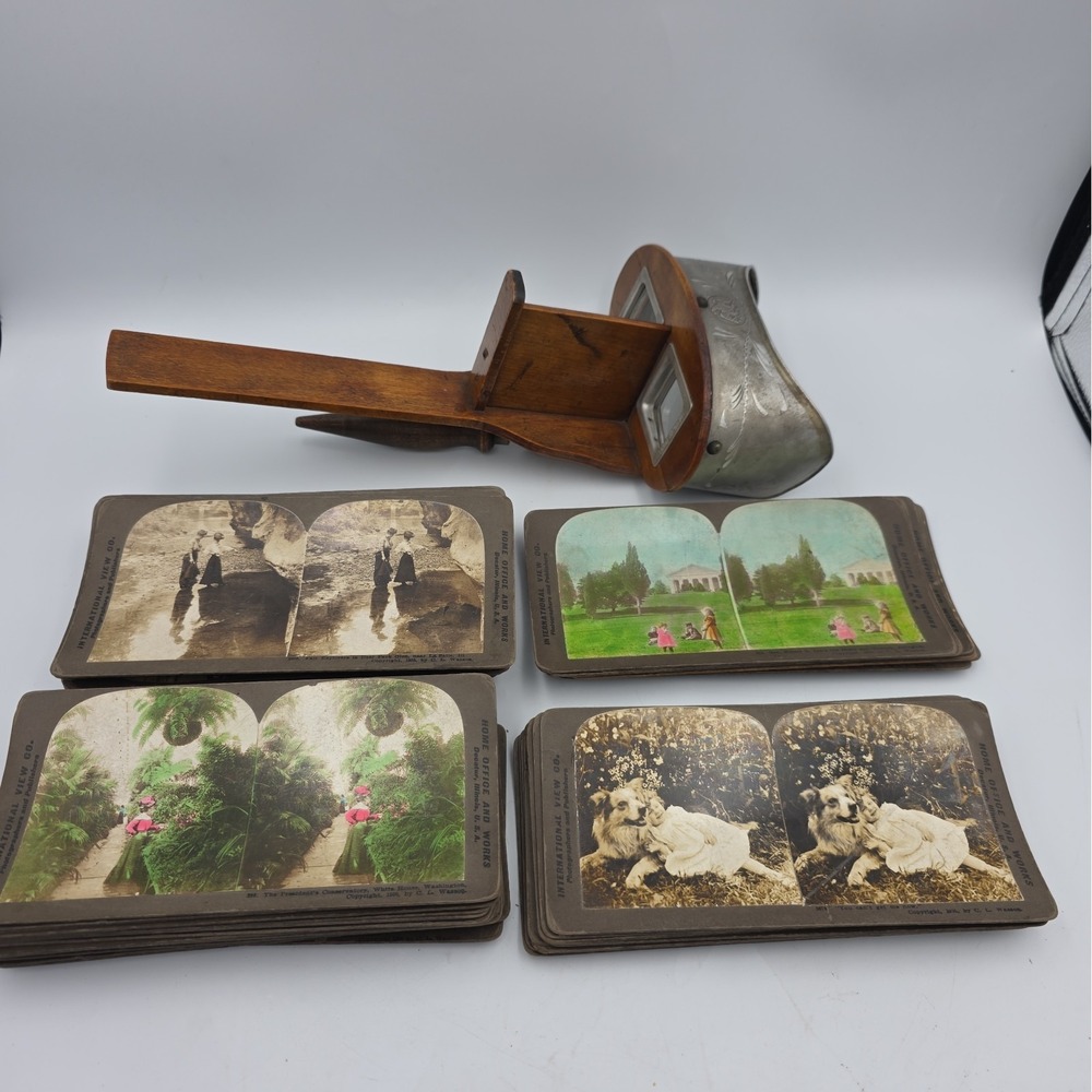 Antique Underwood Stereoscope Viewer Metal Wood and 60 Stereoview Sepia Cards